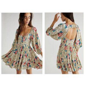 Free People Mini Dress Womens XS Summer Picnic Floral Smocked Cut Off Back
